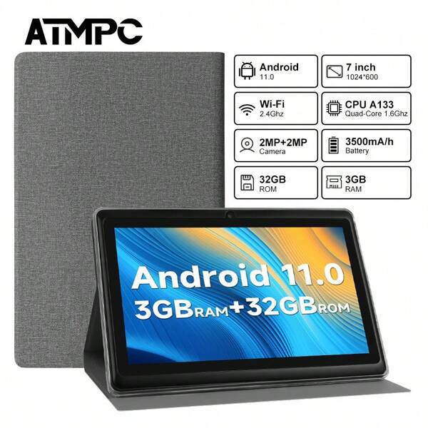 Tablet Android 11 ATMPC da 7 pollici, 3 GB di RAM, 32 GB di ROM, 3500 mAh, processore quad core, risoluzione 1024 * 600, schermo IPS, doppia fotocamera, Wi-Fi