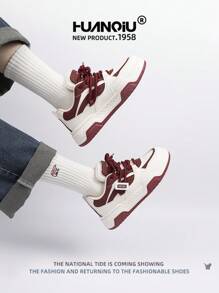 HUANQIU New Fashionable Thick Sole Color Block White Shoes Women's Skate Shoes Women Sport Casual Sneakers, Autumn 2024, Low-Top, Lace-Up, Comfortable Soft Bottom Rice Wine Red All Season Shoes