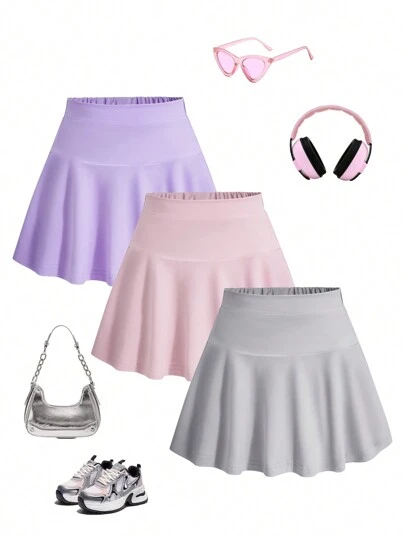 Young Girl Solid Color Pleated A-Line Skirt Skirt 3-Piece Combination Set, Fashionable, Casual And Simple, Suitable For Children And Girls As A Spring And Autumn Clothing Gift