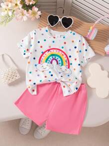 Kleine Mädchen 2 Stücke Lässig Set mit Cartoon Muster, bestehend aus Rundhals T-Shirt mit Kurzarm und Shorts, Sommer