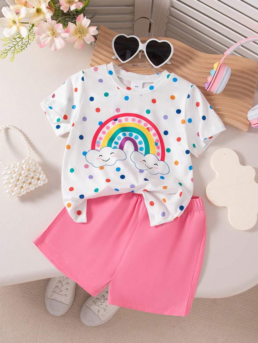 Kleine Mädchen 2 Stücke Lässig Set mit Cartoon Muster, bestehend aus Rundhals T-Shirt mit Kurzarm und Shorts, Sommer