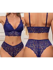 Women's Lace Lingerie Set V Neck Bra With Low Rise Thong Transparent Mesh Babydoll Set - Blue - View 2