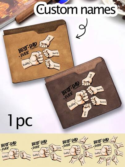 1 pièce Portefeuille personnalisé pour père, portefeuille personnalisé pour homme avec 2-7 noms, portefeuille personnalisé pour papa,  PU, marron clair/marron foncé, portefeuille personnalisé pour homme, cadeau fête des pères (de la fille/du fils/de l'épouse), cadeau pour petit ami/mari/grand-père, anniversaire, style millénaire, mode, unisexe