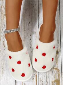 Pantuflas para mujer, nuevas pantuflas de felpa para otoño/invierno con suela suave, diseño de corazón de piel sintética - Blanco - Ver 4