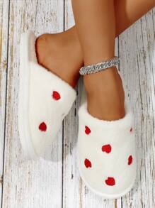 Pantuflas para mujer, nuevas pantuflas de felpa para otoño/invierno con suela suave, diseño de corazón de piel sintética - Blanco - Ver 3