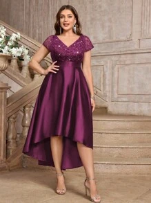 Plus V-Neck Lace Sequin Insert Contrast Satin High Low A-Line Hem Evening Party Formal Dress, Prom Dress, Wedding Guest Dress, New Year Dress, For Birthday, Homecoming, Festivals - Maroon - View 4