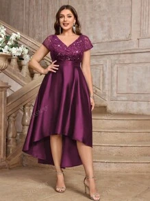 Plus V-Neck Lace Sequin Insert Contrast Satin High Low A-Line Hem Evening Party Formal Dress