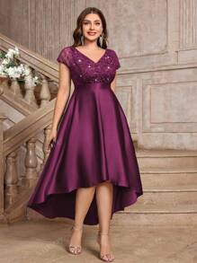 Plus V-Neck Lace Sequin Insert Contrast Satin High Low A-Line Hem Evening Party Formal Dress