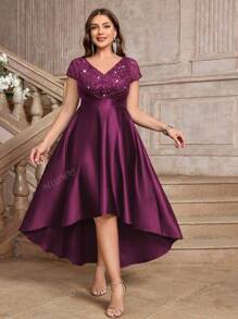 Plus V-Neck Lace Sequin Insert Contrast Satin High Low A-Line Hem Evening Party Formal Dress