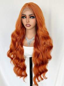 Peluca sintética de encaje frontal de 13x6 pulgadas con cabello de bebé, onda corporal de 30 pulgadas de largo, color naranja, para uso en el Día de Navidad