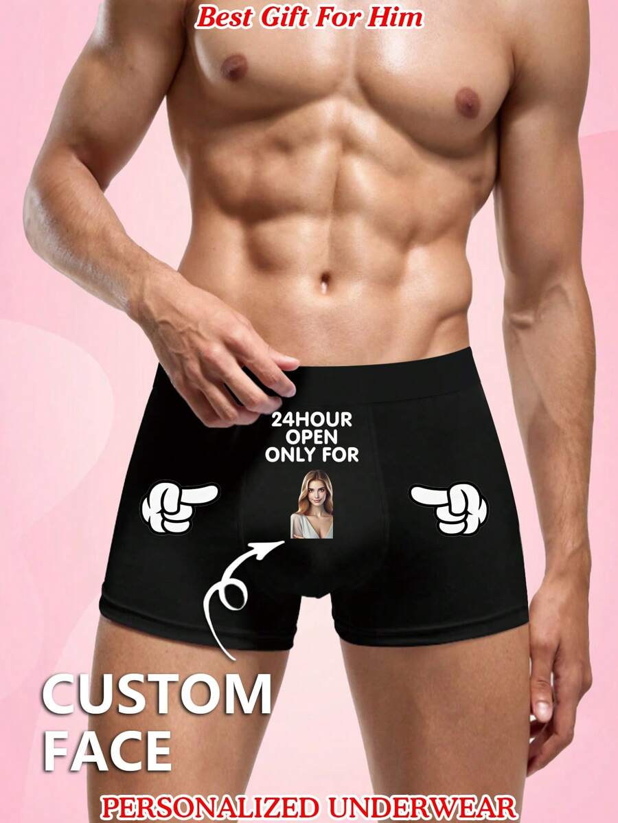 Personalized Men's Briefs With Customized Photo, Text, Name, Or Heart Pattern Printed On Both Front And Back, Elastic Comfortable Casual Underwear, Great Gift For Boyfriend/Husband - Black - View 1
