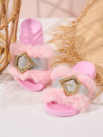 1 par bekväma och moderiktiga, lätta, fluffiga, rosa slip-on-tofflor för tonårsflickor