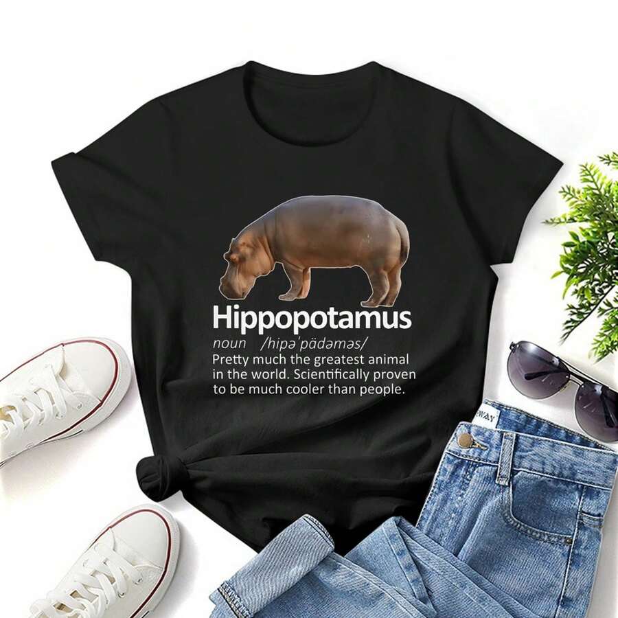 Hippo Funny Definition Print, Women T-Shirt, Round Neck Short Sleeve Woman Tee, It's A Nice Gift, Fashion And Casual , Comfy For All-Season Wear, Perfect For Daily Life And Outdoor Activities