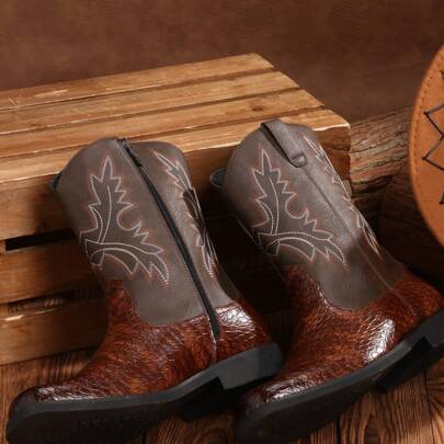 Men's Easy-On Western Boots: Retro Embroidered, Square Toe, Thick Heel, Wide Calf Fit For Casual Wear With Rustic Appeal.