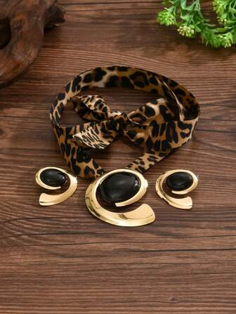 3pcs/Set New Stylish European & American Geometric Metal Earrings And Necklace Jewelry Set, Sexy Exaggerated Leopard Print Water Drop Shape