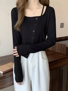 Women Asymmetrical Design Oblique Button Crop Short Sleeve T-Shirt, Stylish And Slim Fit,Autumn