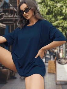 Playera Camisa Oversize Extragrande Holgada y Amplia Casual Cuello Redondo Unicolor Solido Hombros caídos Manga Corta Cómodo para Dama Mujer Salida Casual Gimnasio y mas - Azul Marino - Ver 2