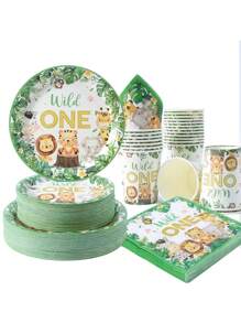 1st Birthday Animal Print Disposable Tableware Set - Plates, Napkins And Cups, Serves 25 Guests, Suitable For Birthday Party, Family Picnic - Multicolor - View 1