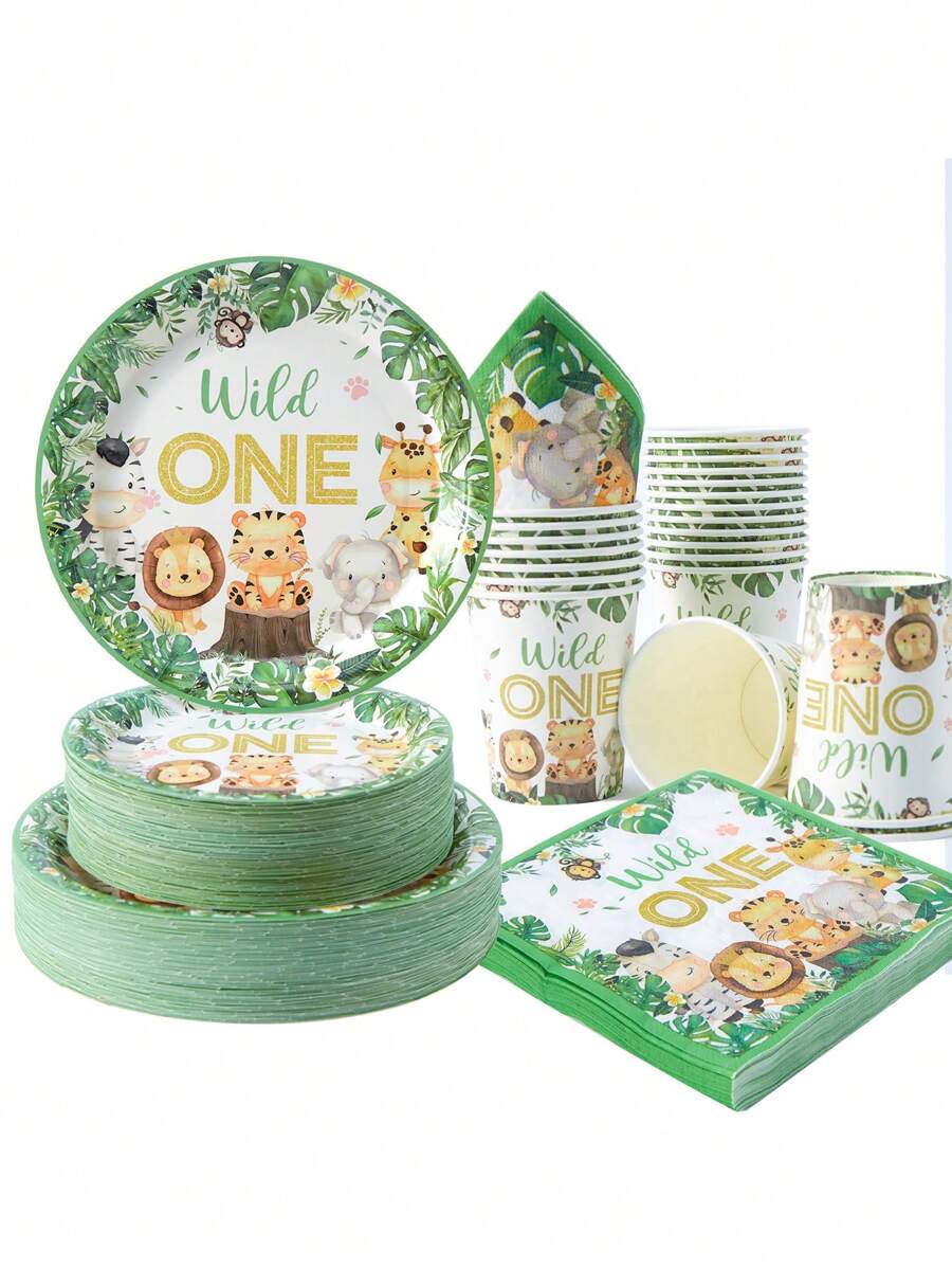 1st Birthday Animal Print Disposable Tableware Set - Plates, Napkins And Cups, Serves 25 Guests, Suitable For Birthday Party, Family Picnic - Multicolor - View 1