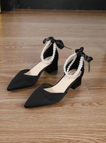 New Fashion Women Black High Heels, Thick Heel, Pointed Toe Sandals, Mid-Heel Pumps, Summer Shoes, Mary Janes
