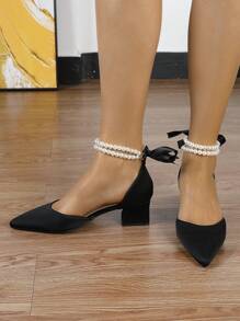 New Fashion Women Black High Heels, Thick Heel, Pointed Toe Sandals, Mid-Heel Pumps, Summer Shoes, Mary Janes