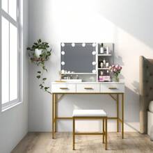 Vanity Table With Lighted Mirror, 3 Drawers Makeup Desk Dressing Table With Lots Storage Vanity Set With Wider Cushioned Stool For Bedroom (White) - White - View 3