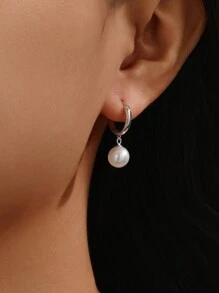 1pair Fashionable Elegant Women's Pearl Dangling Earrings Silver Hoop Earrings 925 Sterling Silver Simple Fine Jewelry Suitable For Ladies Girls Gifts Daily Wear Party Dating Vacation Engagement Marriage - Multicolor - View 5