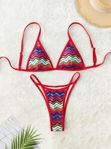 PEPPERMOLLY New Soft Padded Striped Adjustable Strap Sexy Backless Bikini, Summer Beach Fashion Ladies Swimwear Set, Red Trim Multi-Color Swimwear - Red - View 2