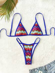 PEPPERMOLLY New Soft Strap Adjustable Striped Sexy Backless Bikini, Women Summer Beach Fashion Swimwear Set, Blue Trim Multi-Color