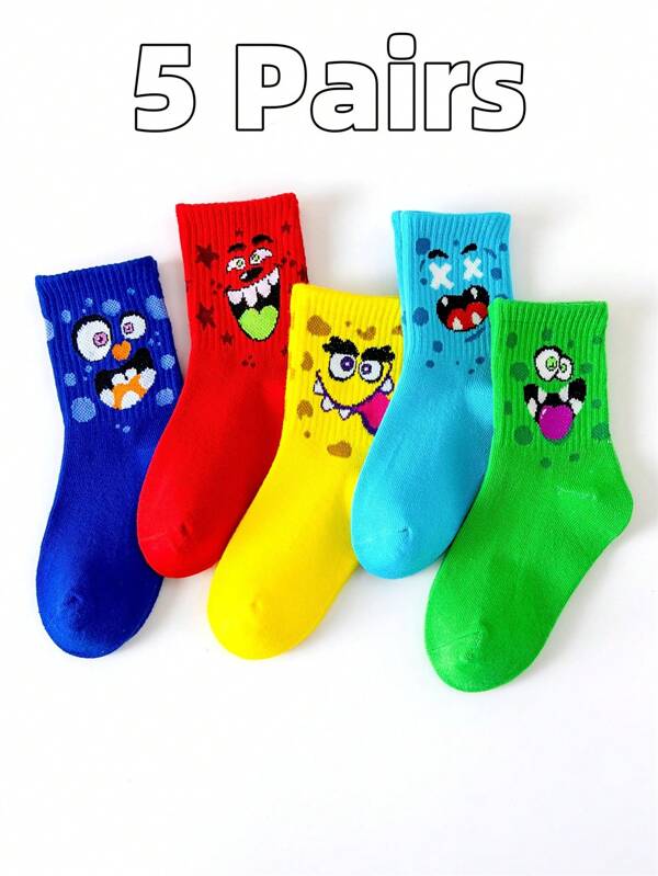 5 o 10 pares de calcetines para niños con diseños de caras de dibujos animados y expresiones divertidas, calcetines deportivos con monstruos lindos para estudiantes y actividades al aire libre, suaves, transpirables, para todas las estaciones, excelentes regalos de cumpleaños y fiestas