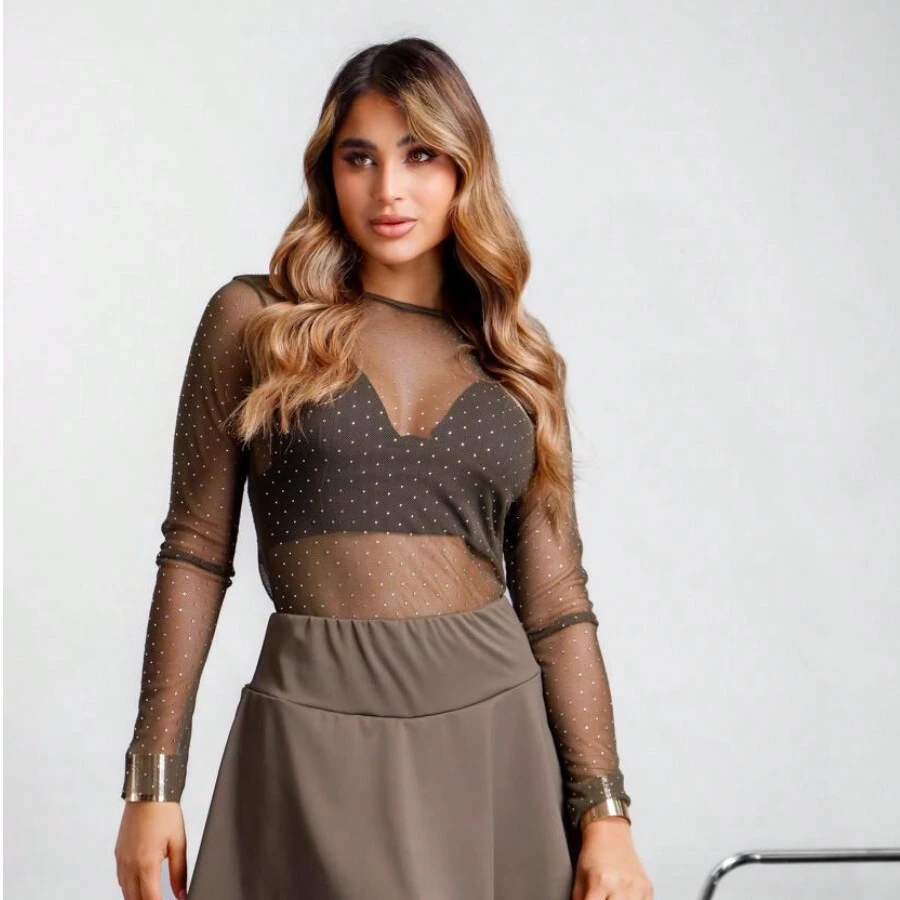 Blusa transparente con brillos de manga larga - Verde Oliva - Ver 1