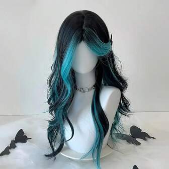 24" Forked Bangs Glitter Peacock Blue Big Wave Long Curly Wig, European And American Style, High-Temperature Fiber Rose Mesh Cap, Everyday Cosplay Party Full Head Wig