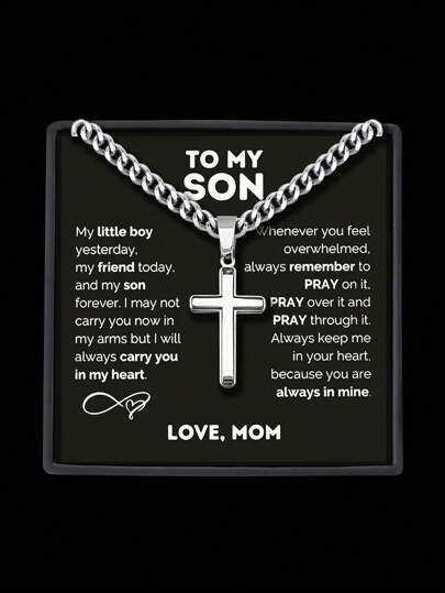 CCO To My Son Smooth Cross Pendant Necklace With Cuban Chain, Men Jewelry Gift