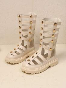 1 Pair Ivory Girls Tall Roman Sandals, Solid Color Shiny PU Metal Buckle Decor, Rear Zipper, Closed Toe Anti-Kick Design, Thick Non-Slip Sole, Breathable High-Top Sandals Suitable For 3-18 Years Old Girls Casual Daily & Holiday Wear, Spring/Summer New Arrival