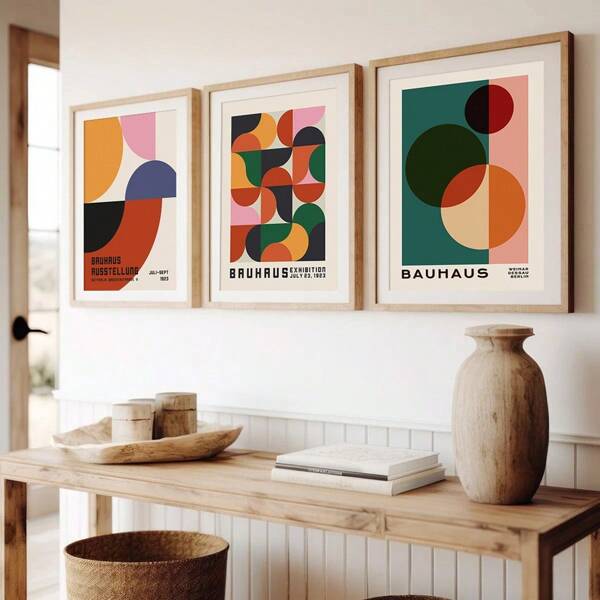 Conjunto de 3 artes de parede Bauhaus de geometria abstrata colorida, grandes pôsteres modernos em tela, impressões Bauhaus, decoração de primavera, decoração interna, decoração de parede, obras de arte para sala de estar, quarto, cozinha, bar, café, escritório, corredor, decoração de casa e quarto, sem moldura
