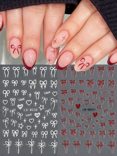 2pcs 5D Nail Art Ribbon Stickers, Pink & Red Bow-Knot Pear-Shaped Nail Decorations, Cute Silk Bow-Knot White Pear-Shaped Nail Stickers, Y2K Nail Design Sliders, Kawaii Nail Art Accessories