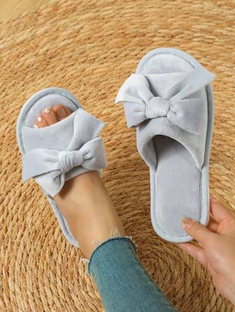 Women's Bowknot Open Toe Slippers, Soft Comfortable Indoor Non-Slip House Shoes For Spring