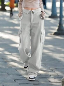 女款美式街头休闲阔腿工装裤 - 淺灰色 - 查看 2