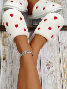 Pantuflas para mujer, nuevas pantuflas de felpa para otoño/invierno con suela suave, diseño de corazón de piel sintética - Blanco - Ver 5