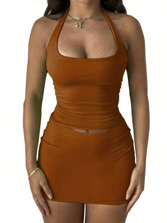 Women Sexy Halter Backless Top And Bodycon Dress 2 Piece Set