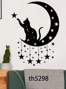1 件异想天开的黑猫伸手摘星墙贴 - 经典 PVC 自粘墙贴装饰，带有新月和星星设计，适用于卧室、客厅、入口、卡通、背景墙装饰、经典风格 - 黑色 - 查看 2