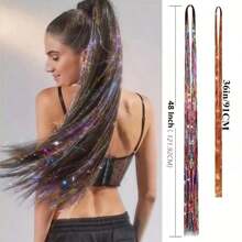 12 色闪亮发丝套装 36 英寸和 48 英寸合成闪亮发丝闪光接发彩色发丝适合女孩万圣节圣诞节新年角色扮演派对 - 彩色 - 查看 5