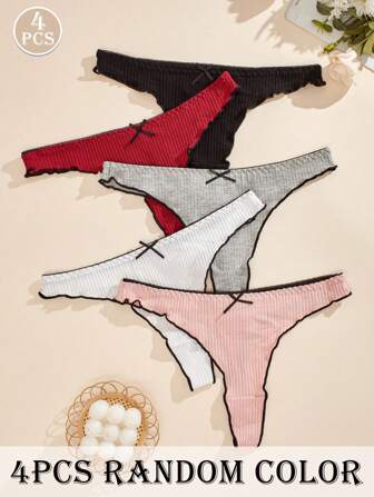 4pcs/Pack Low Waist Bow Lace Sexy Women Thong Panties, Random Colors