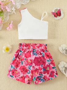 Young Girl Asymmetrical Shoulder Floral Top + Butterfly Floral Print Shorts 2-Piece Summer Set