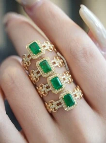 1pc S925 Silver Chain Ring For Women, Green Geometric Hollow Design, Fashionable Minimalist Luxury Ring Suitable For Daily Wear And Holidays