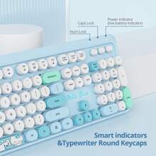 SURMEN Wireless Typewriter Keyboard And Mouse Combo,American Layout Retro 104 Key Full Size Office Set Pink Keyboard With Silent Round Keycaps, Ideal For Laptop And Desktop PCs, Cute Esign Keyboard - Blue - View 6