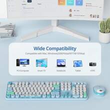 SURMEN Wireless Typewriter Keyboard And Mouse Combo,American Layout Retro 104 Key Full Size Office Set Pink Keyboard With Silent Round Keycaps, Ideal For Laptop And Desktop PCs, Cute Esign Keyboard - Blue - View 7