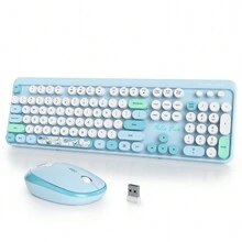 SURMEN Wireless Typewriter Keyboard And Mouse Combo,American Layout Retro 104 Key Full Size Office Set Pink Keyboard With Silent Round Keycaps, Ideal For Laptop And Desktop PCs, Cute Esign Keyboard - Blue - View 1