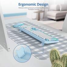 SURMEN Wireless Typewriter Keyboard And Mouse Combo,American Layout Retro 104 Key Full Size Office Set Pink Keyboard With Silent Round Keycaps, Ideal For Laptop And Desktop PCs, Cute Esign Keyboard - Blue - View 4