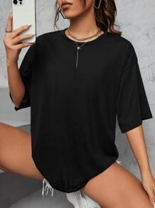 DG XUNLIN MODA Women's Oversized Short Sleeve Relaxed Pure Color Pop Solid Color T-Shirt - Black - View 7